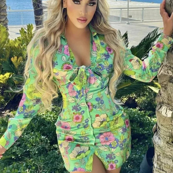 Zara Satin Effect Floral Long  Sleeve Mini Dress Green Blogger Fav Size XS - Picture 2 of 10